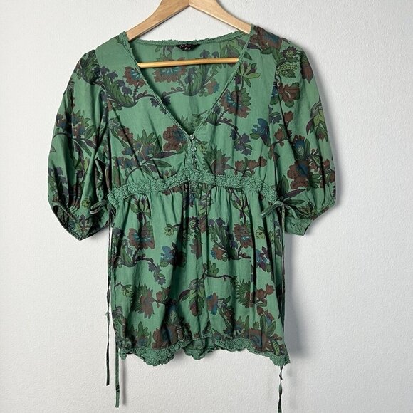 Vintage Y2K Green Floral Babydoll Top With Crotchet Lace And Puff Sleeves Size S - Picture 1 of 8